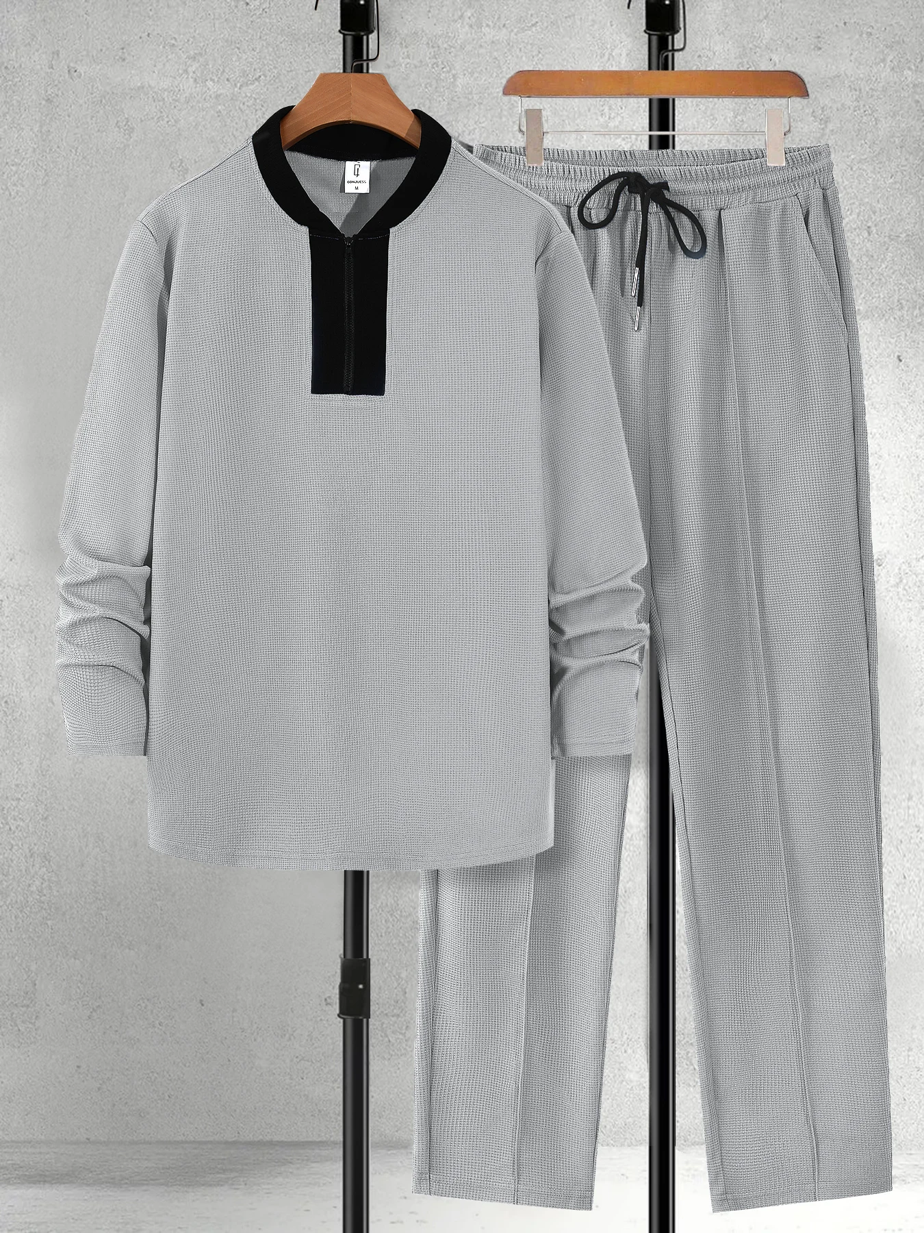 Men's Casual Two-Piece Set Color Block Half Zip Long Sleeve Top with Drawstring Pants