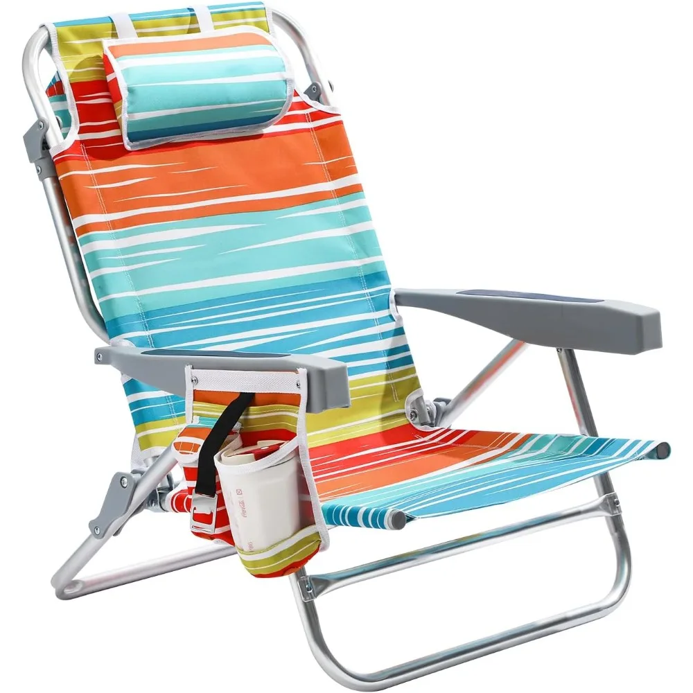 5-Position Aluminum Lay Flat Backpack Beach Chair, Compact Portable Low Beach Chairs for Adults, Beach Chair with Cooler Pouch,
