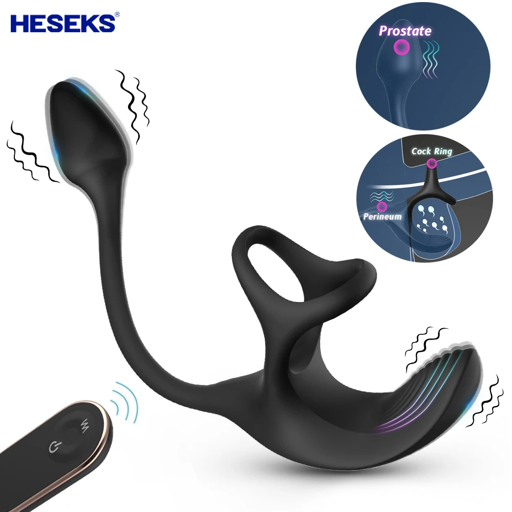 HESEKS Vibrating Penis Cock Ring Traint Stimulator with Bullet Remote Control Anal Butt Plug Prostate Massager  Sex Toy For Men