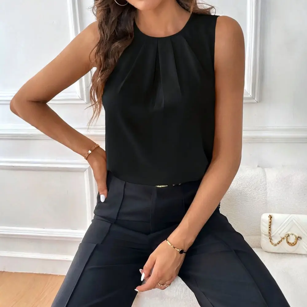 Casual Womens Sleeveless Blouse Solid Color Round Neck Loose Fit Shirt Elegant Professional Office Commuter Summer Top Wear
