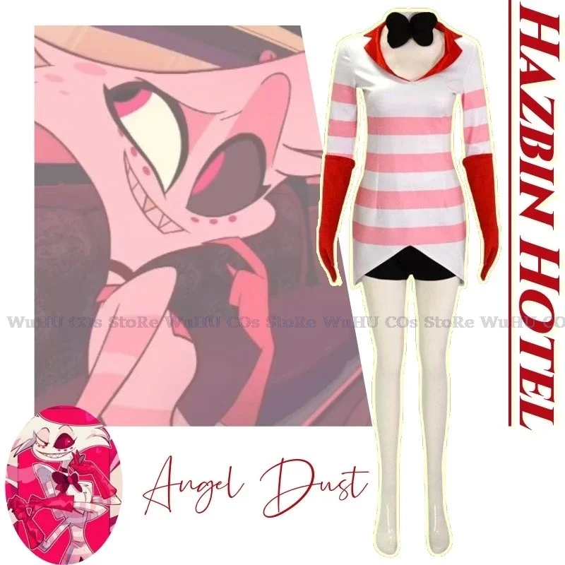 Anime Hazbin Cosplay Figurino Feminino, Roupas de Hotel, Uniforme, Pó de Anjo, Vestido Sexy, Listras Vermelhas e Brancas, Festa de Halloween