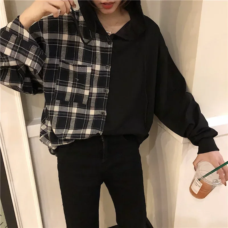 Korean Fashion Patchwork Design Plaid Oversized Shirts Women Y2k Harajuku Streetwear Girls\' Button Up Long Shirt Cheap Wholesale