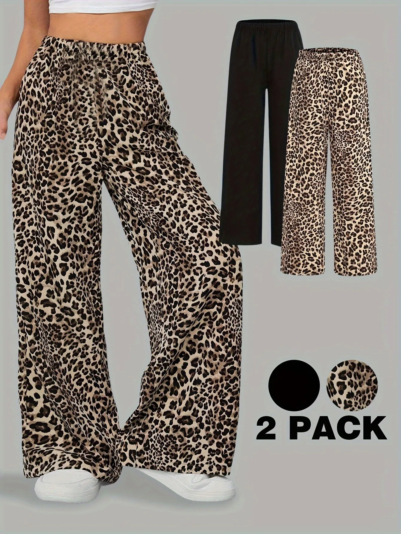 Lot de 2 pantalons à jambes larges pour filles, imprimé léopard et noir uni, taille haute élastique, ensemble décontracté et ample