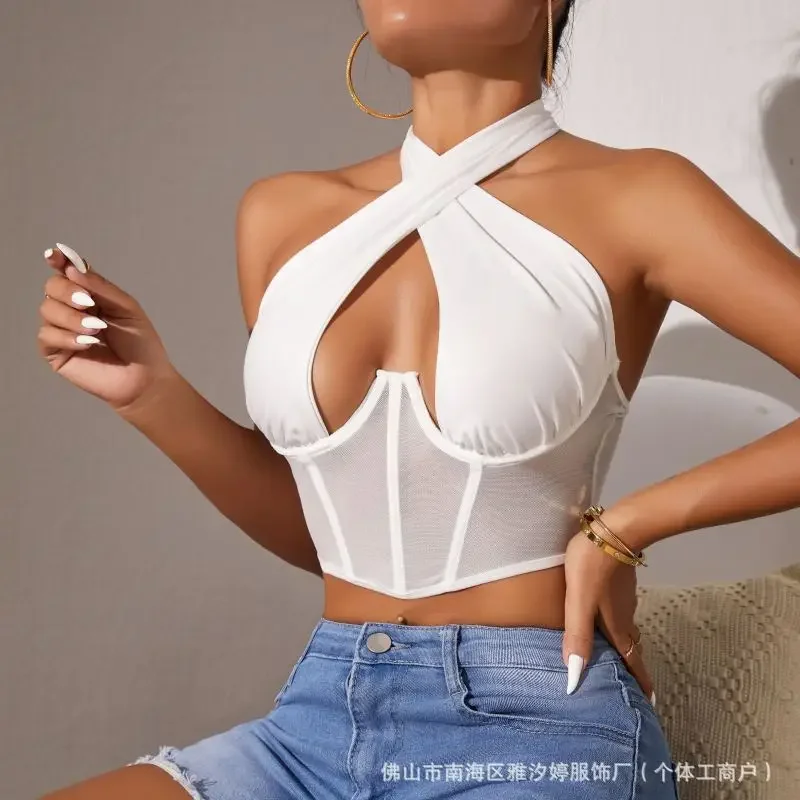 Sexy Fishbone Steel Ring Outerwear Backless Crossbody Strap Vest Mesh Wrap Chest Brand None Polyester Fiber Origin