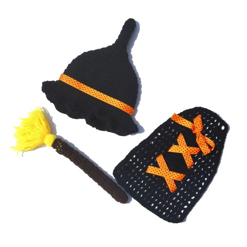 Handmade Crochet 0-3 Months 100 Days Newborn Baby Girls Photography Clothes Halloween Theme Witch Shape Costume
