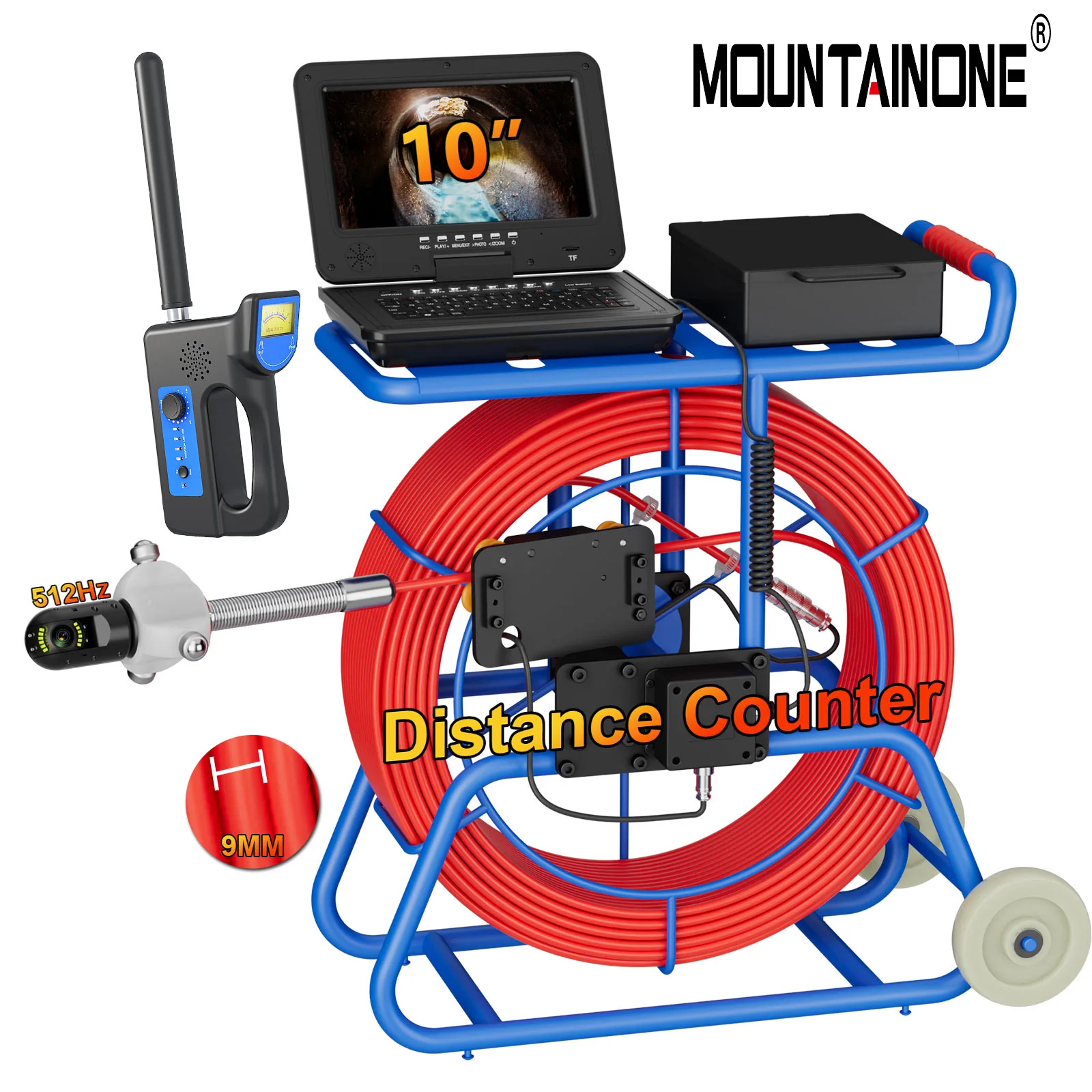 

MOUNTAINONE Sewer Camera Inspection 360 Degrees 10 inch IPS+Cable diameter ø9mm+512HZ Transmitter Locator+Meter Counter+Keyboard