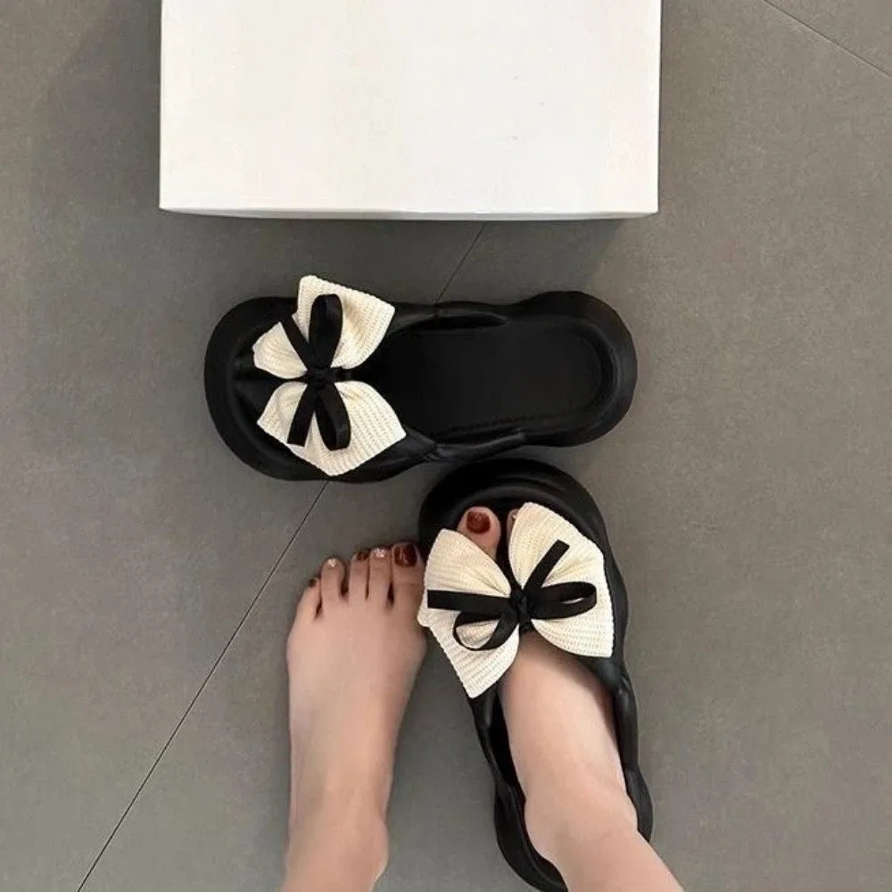 Non-slip Bowknot Cloud Slippers Black White Height Increasing Bow Slides Sandals Thick Soled Casual Thick Bottom Slippers view 5