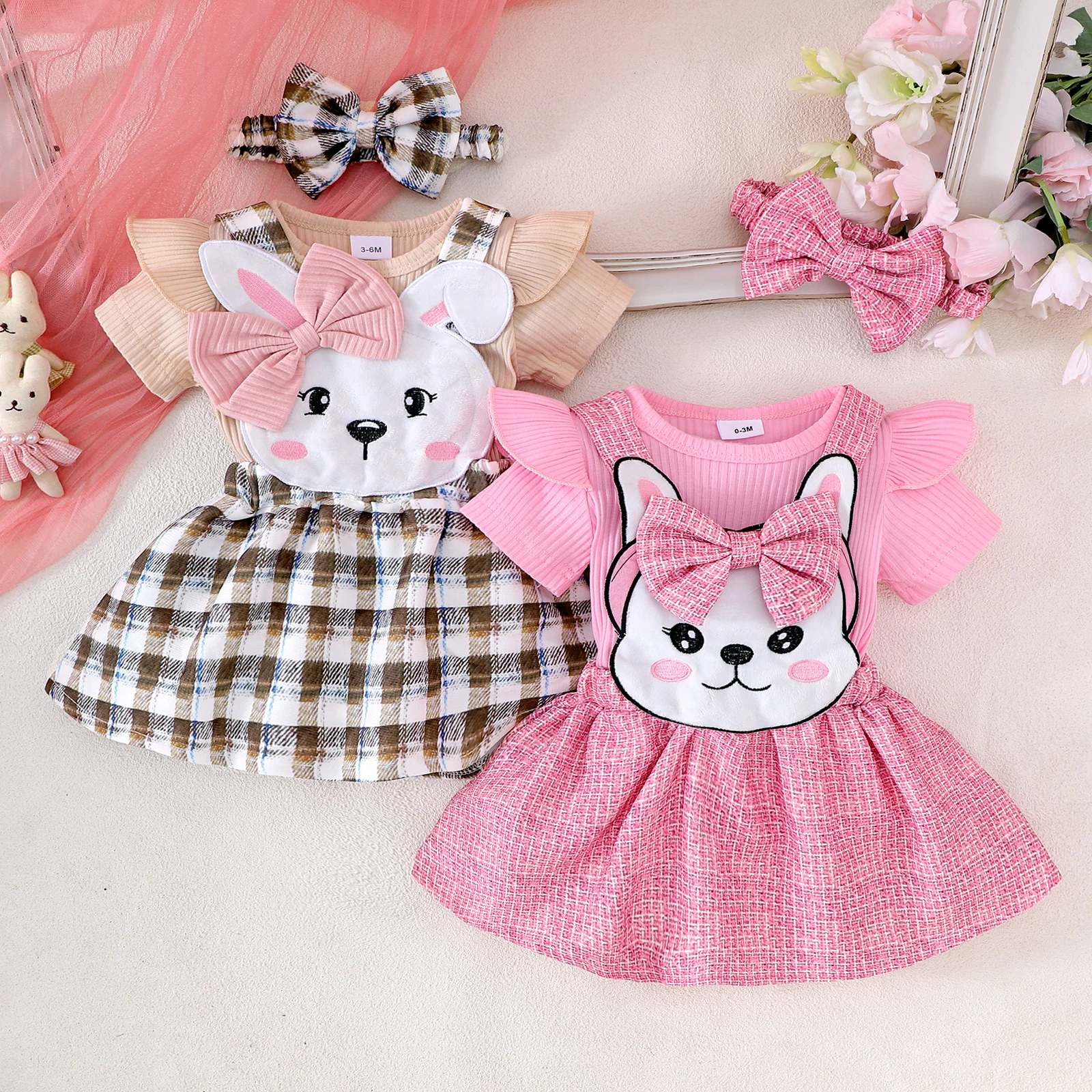 

3PCS Summer New Style For Girls And Babies 0-1 Years Old, Cute And Comfortable Short-Sleeved Pit Strip Suit + Plaid Strap Skirt