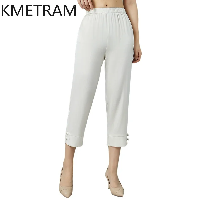

KMETRAM 91% Real Mulberry Silk Trousers Women 2026 Summer Casual Mid-aged Calf-length Pencil Pants Clothes for Ladies Ropa Mujer