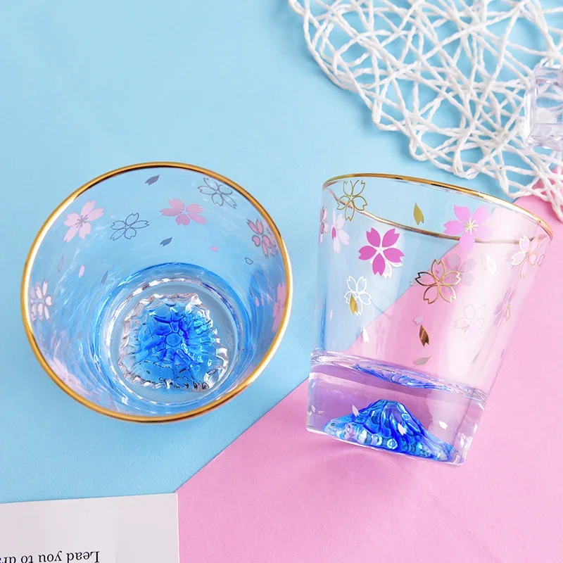 Creative Sakura Mount Fuji Glass Tea Cup Mug Wineglass Clean Glasses With Double Bottom Cold Drink Juice Milk Cups Drinkware New