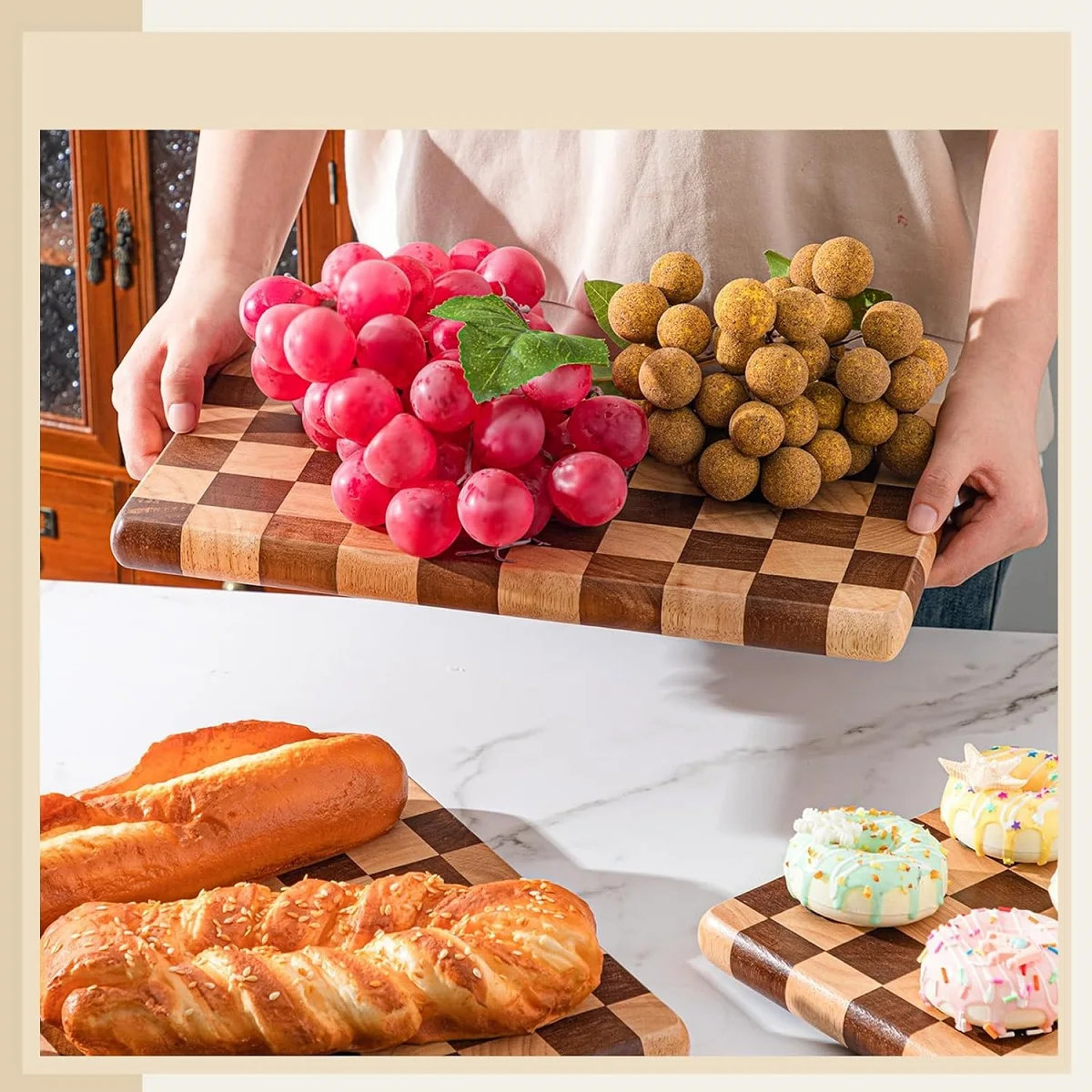 Rubberwood Chopping Board with Clean Checkerboard Design for Efficient Food Prep and Attractive Table Presentation