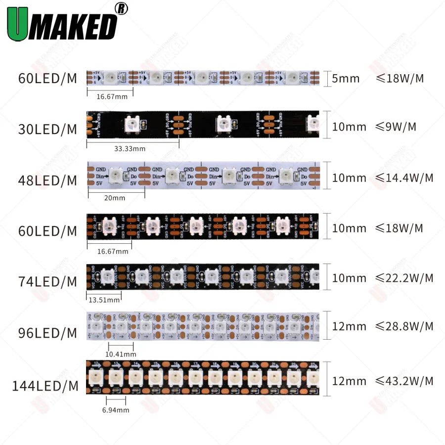 DC5V WS2812B Individually Addressable 5050 RGB Led Strip WS2812 Smart Pixels Led Light Black White PCB Waterproof IP30/65/67 diy