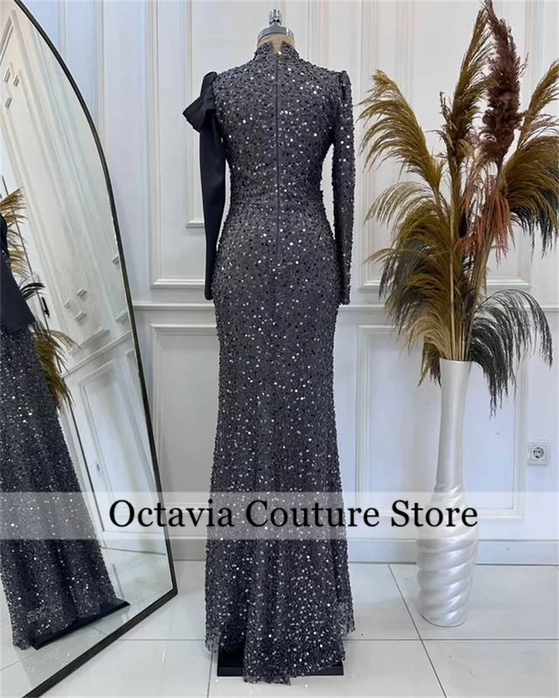 Robe de soirée à paillettes brillantes, col haut, manches longues, longueur au sol droite avec plis, robes de soirée de mariage personnalisées pour femmes