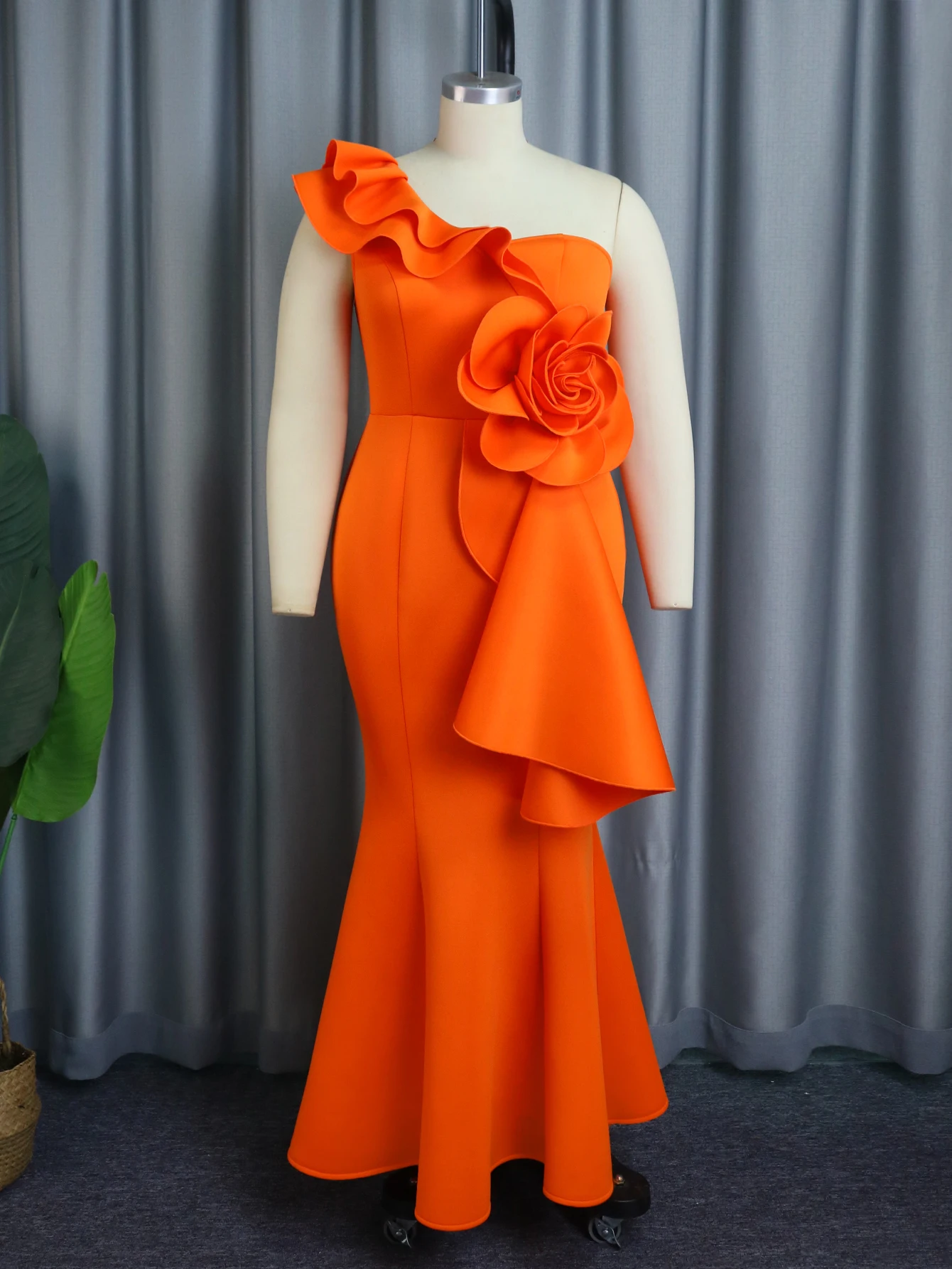 Orange Evening Dresses for Women One Shoulder Ruffles Flower Empire Bodycon Maxi Cocktail Large Size Event Gowns Outfits