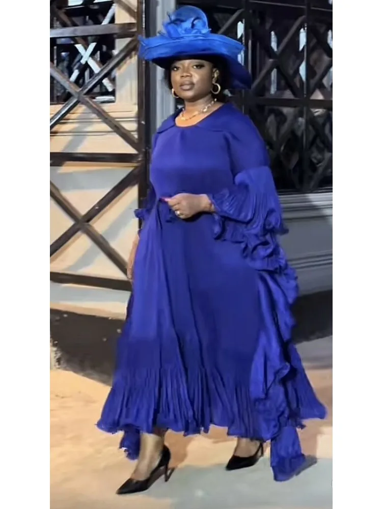 

Miyake Ruffle Sleeves Pleated Dress for Women Lapel Solid Color Maxi Style Loose Elegant Clothing 2025 Spring New