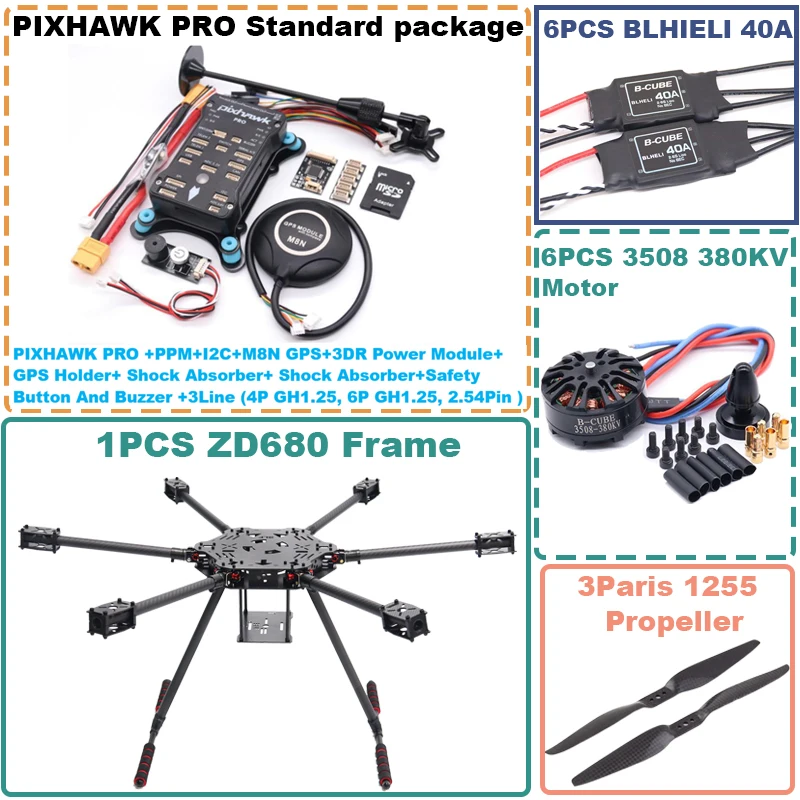 

Rctosky ZD680 PRO M8N Full Carbon Fiber Hexa-Rotor Foldable Arm Hexacopter Frame Kit PIXHAWK with Unflodable Landing Gear