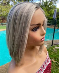 Ash Blonde Short Bob Wigs Human Hair 13x4 Lace Frontal Wig Dark Root Straight Bob Cut Human Hair Ombre Preplucked Remy Hair Wig