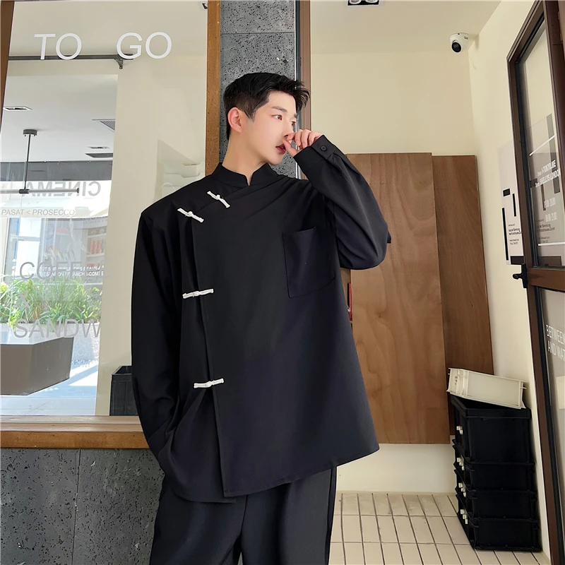 

New Faion Men's Casual Long Sve irt Decorative Button Stand Collar Vintage Irregular Plaet Padded oulder Youthful ...
