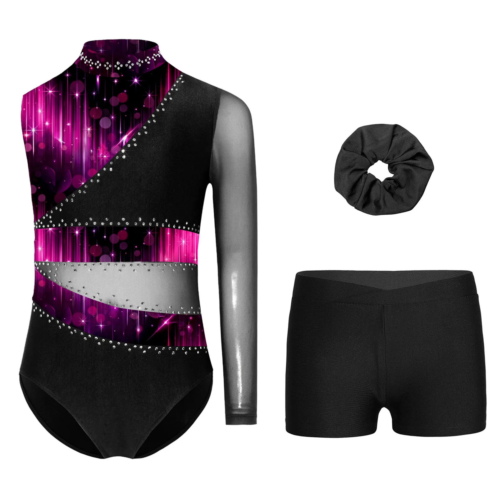 Kinder Mädchen Ballett-Gymnastik-Sets mit Strass, asymmetrischen Ärmeln, Tanz-Unitard und Shorts-Outfits für Sport und Gymnastik-Workout