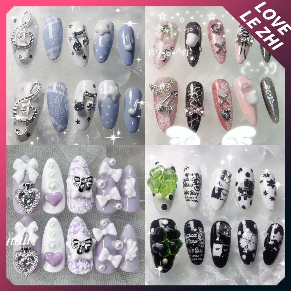 

10Pcs Y2K Japanese Style Handmade Long Ellipse Almond Full Cover Nails Bowknot Diamond Stars Musical Notes Pearl Press On Nails