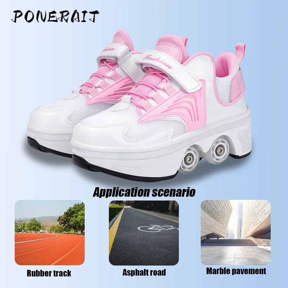 Child\'s 4-wheel Dual-purpose Roller Shoes Outdoor Kids Deformed Shoes With Wheels Fashion Parkour Sneakers For Girls From Gift