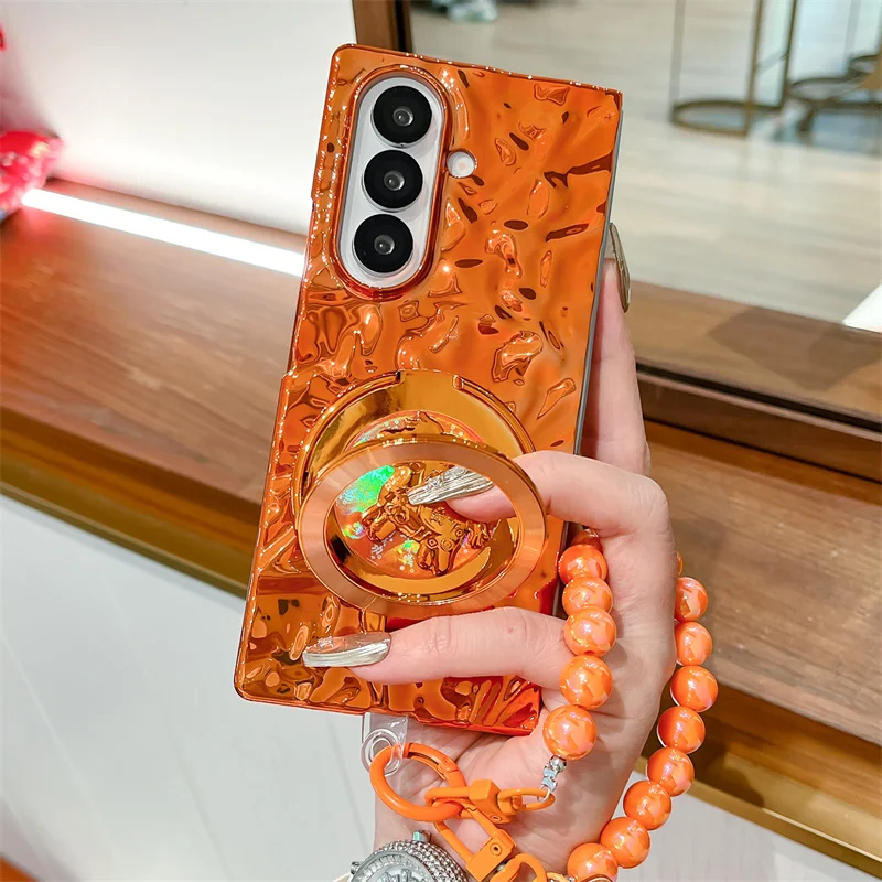 

Fashion Water Ripple Texture Phone Case For Samsung Galaxy Z Fold 7 6 ZFold6 ZFold7 Cover with Stand Pendant Chain Cases Cute Ca