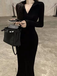 Vintage Black Bodycon Dress Retro Evening Party Elegant Wrap Long Sleeve Dresses for Women 2023 Autumn Fall V-neck Polo