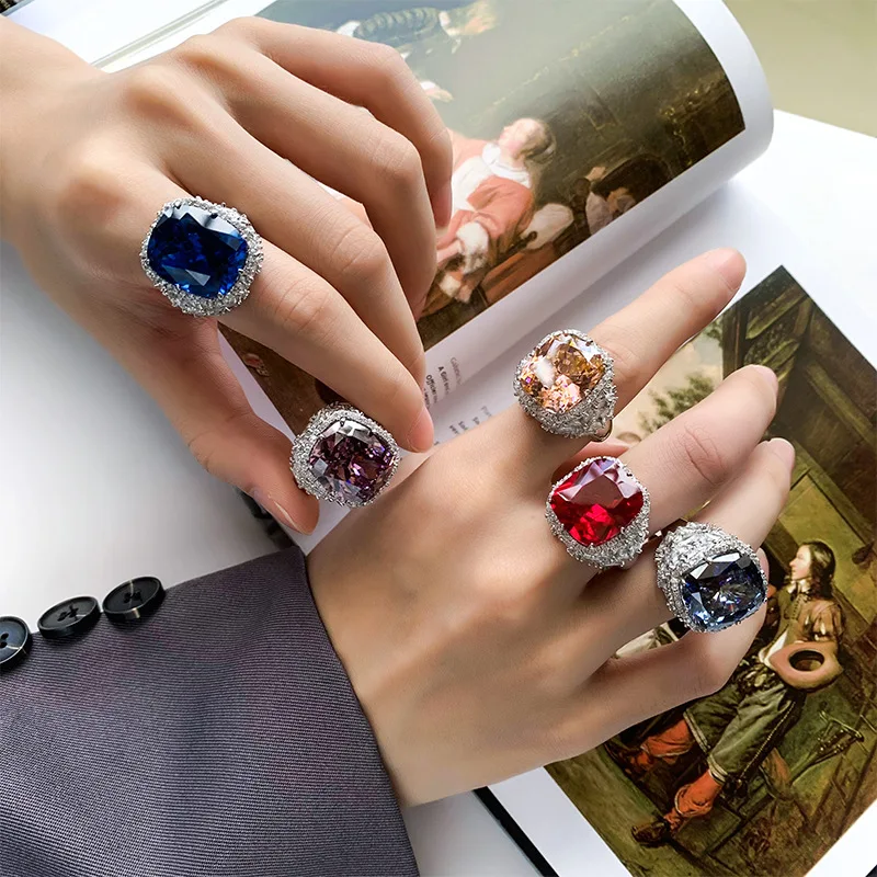 KQDANCE Luxury Cushion Cut 14*16mm Created Papalacha Sapphire Blue Redcorundum RUby Rings Designer Copper Jewelry