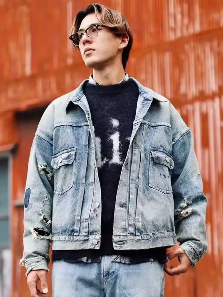 

Berberjin Distred Denim Jaet fiti Waed Outwear Loose Fit Long Sve Youthful Sle Windproof Single Button Closure