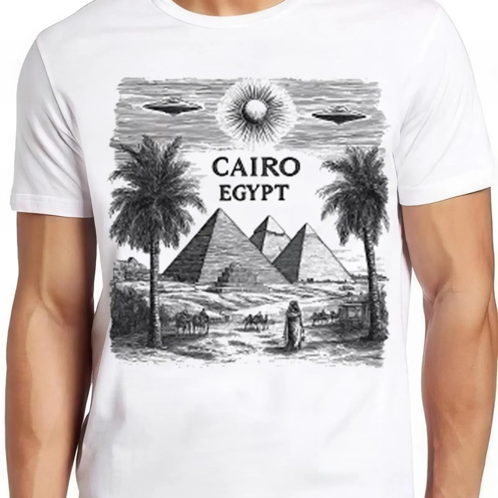 Cairo Egypt Giza Pyramids UFO Funny Vintage Desert Sketch T Shirt Travel Souvenir  vintage Washed Top For Everyday Wear