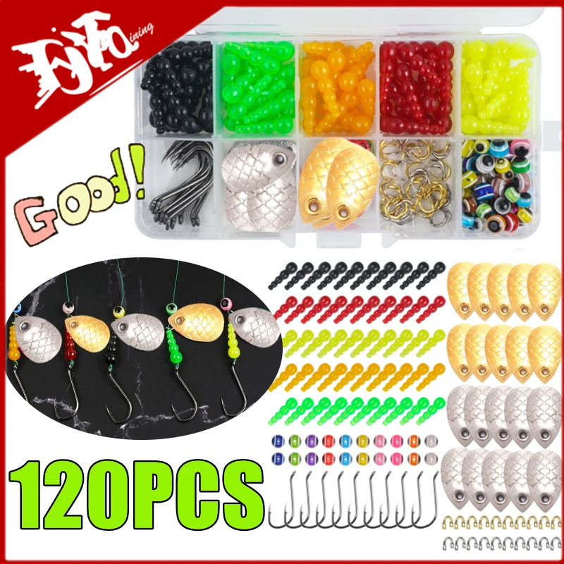 

120PCS Walleye Rig Making Kit Stacked Fishing Beads Spinner Blades Rig Foam Floats Clevis Crawler Harness Hooks Spinnerbait Lure