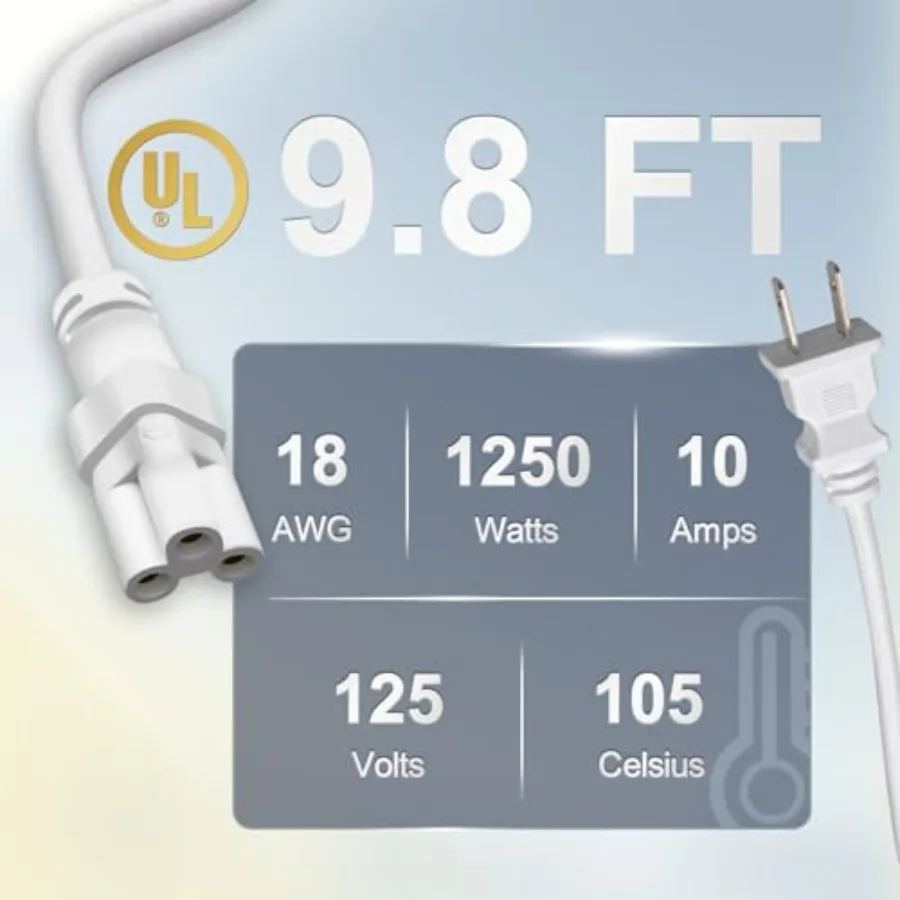 9.8FT T5 T8 Tube Light Extension Cord with On/Off Switch, US Plug Cable Connector for LED Integrated Single Fixture, Shop Light