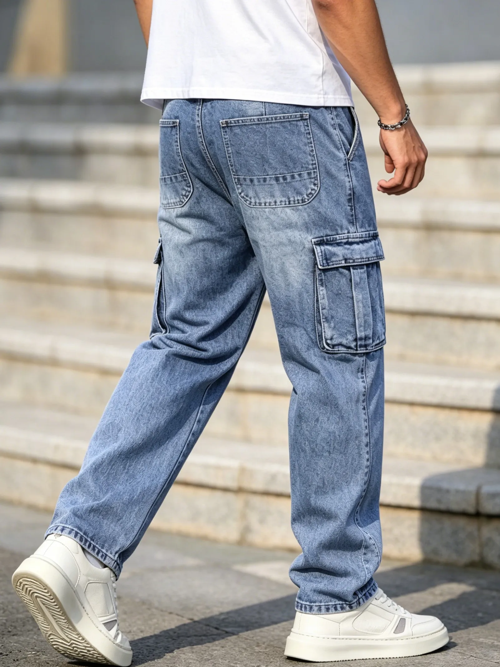 【HME】Men's Jeans | Men Wide Leg Denim Cargo Pants, Loose Straight Fit Denim Pants With Multi Flap Pockets, Light Wash Casual Denim Trousers, Classic Waist Design For Street Daily Outdoor Casual Outfits