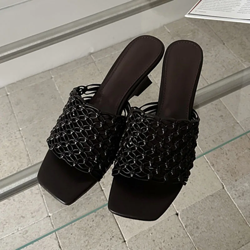 

Новые женские шлепанцы Eilyken с вырезами и плетеным узором, модные туфли на танкетке с квадратным носком, летние банкетные туфли на высоком каблуке