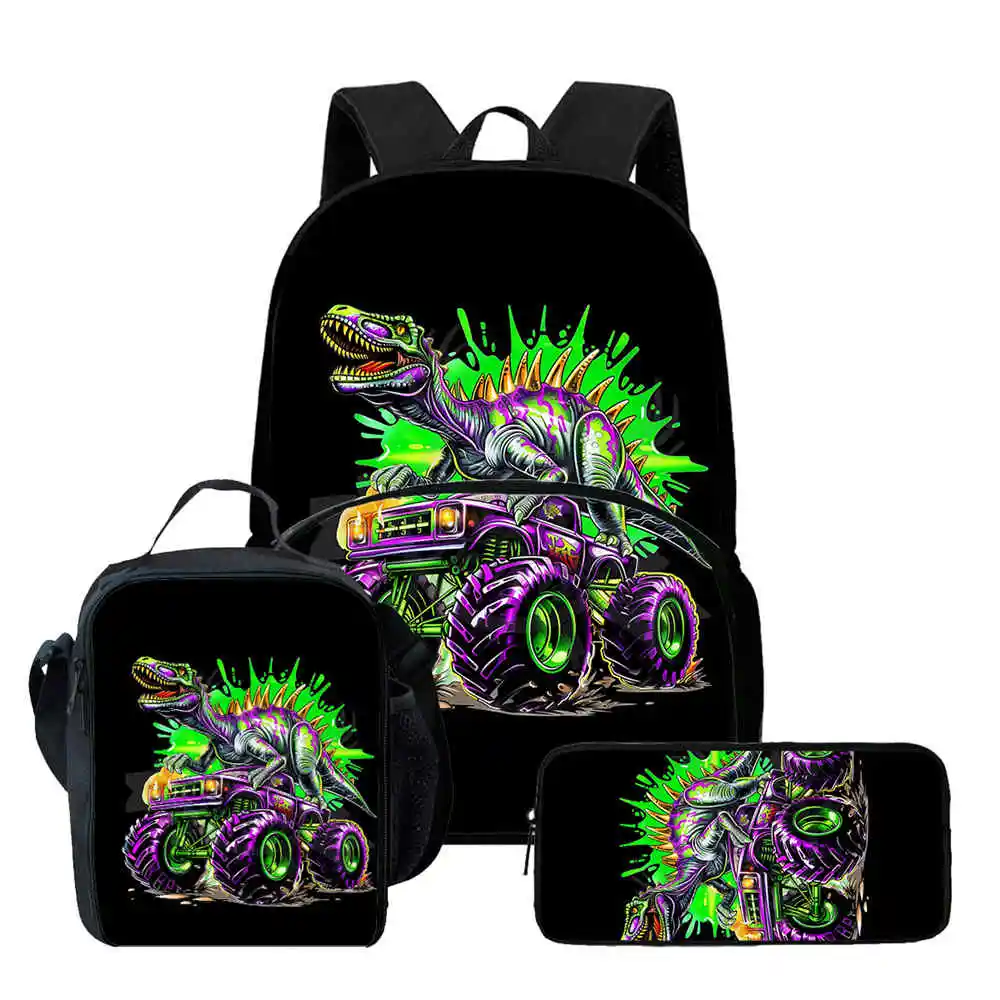 Dinosaur Truck Cartoon  3pcs set Child School Backpack with Lunch Bags ,Pencil Bags  School Bags for Boys Girls Best Gift