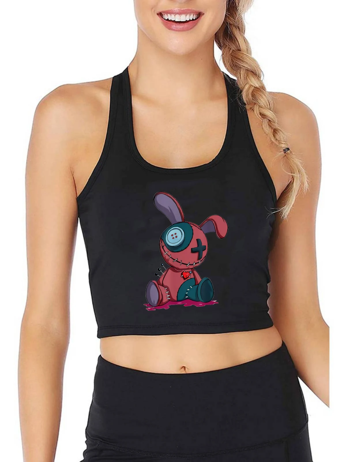 Pastel Goth Creepy Cute Voodoo Bunny Doll Design Tank Tops Women's Casual Breathable Slim Fit Crop Top Summer Camisole