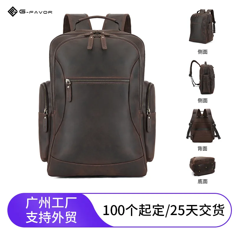 New high-end crazy horse leather backpack, top-layer cowhide backpack men, large capacity travel