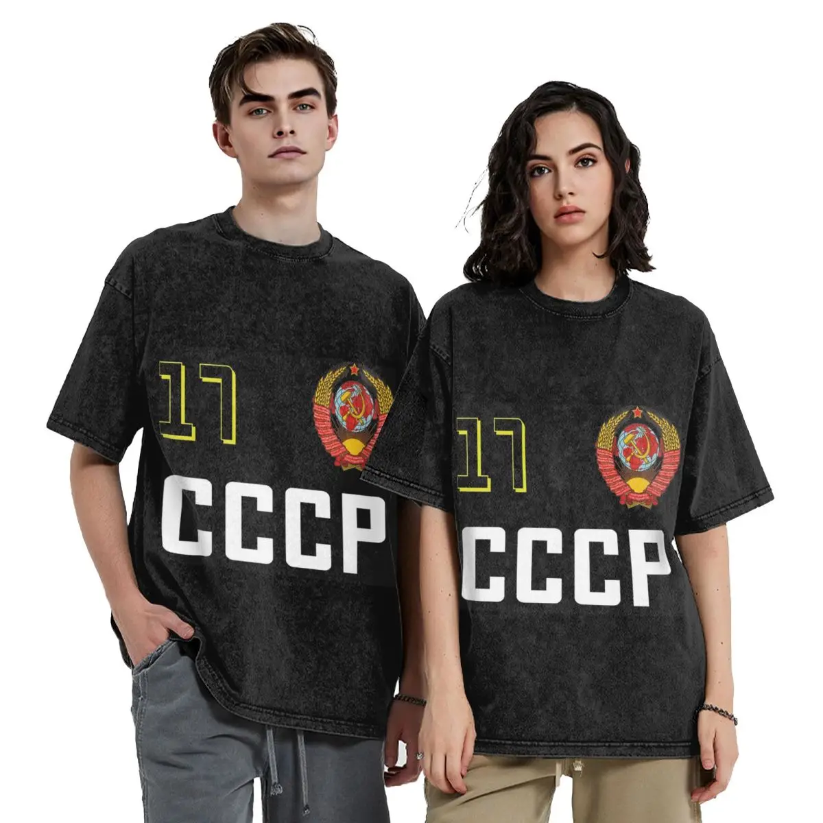 USSR Hammer And Sickle CCCP Russian Soviet Flag Hip Hop Short Sleeve T-Shirts Washed Tops Tees Streetwear T Shirt for Men woman