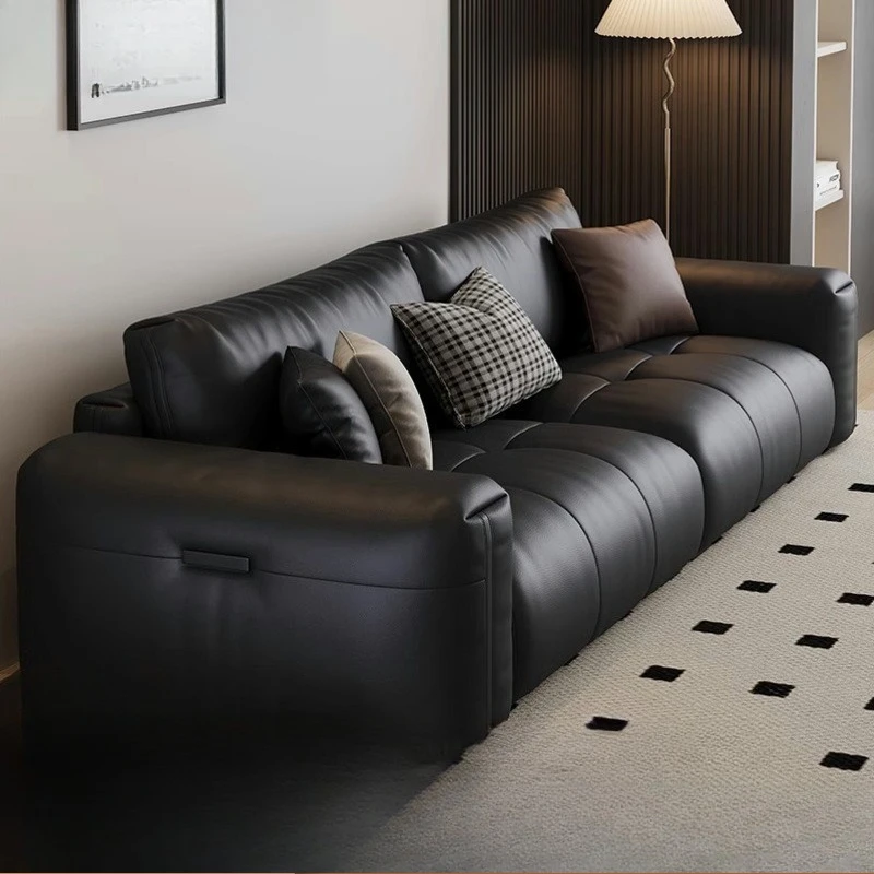 Leather sofa first layer cowhide living room small apartment three-person black straight row sofa