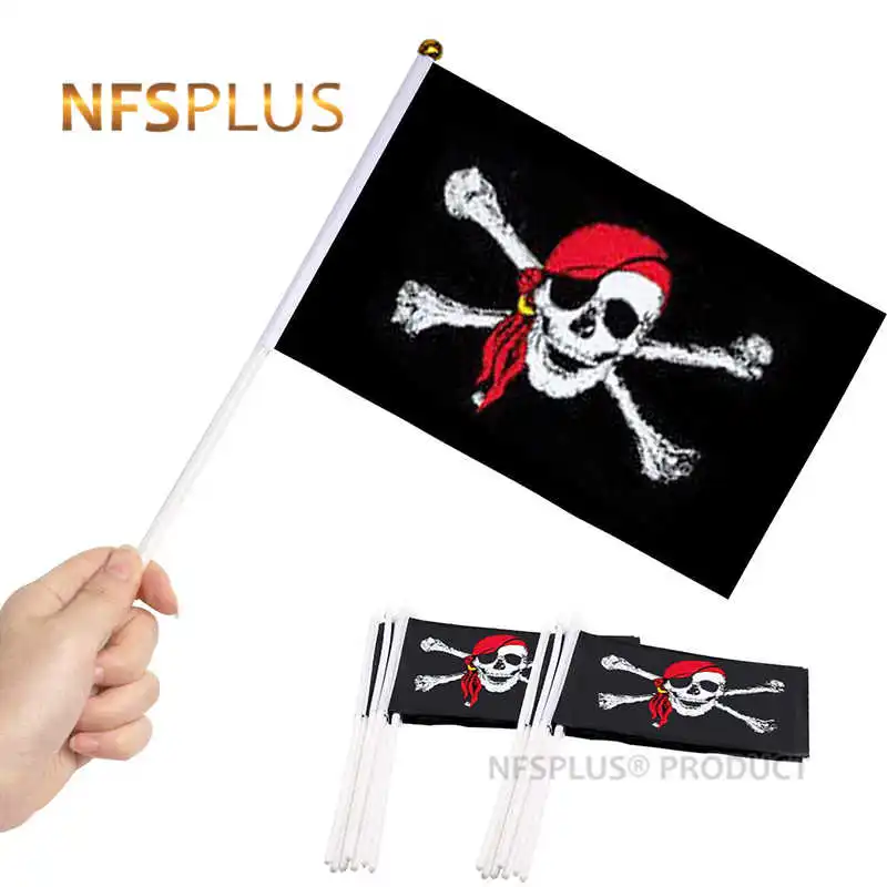 

10PCS/LOT Small Stick Pirate Flag Handheld 14x21cm Polyester Black Jack Skull Jolly Roger Corsair Mini Flags With Flagpoles