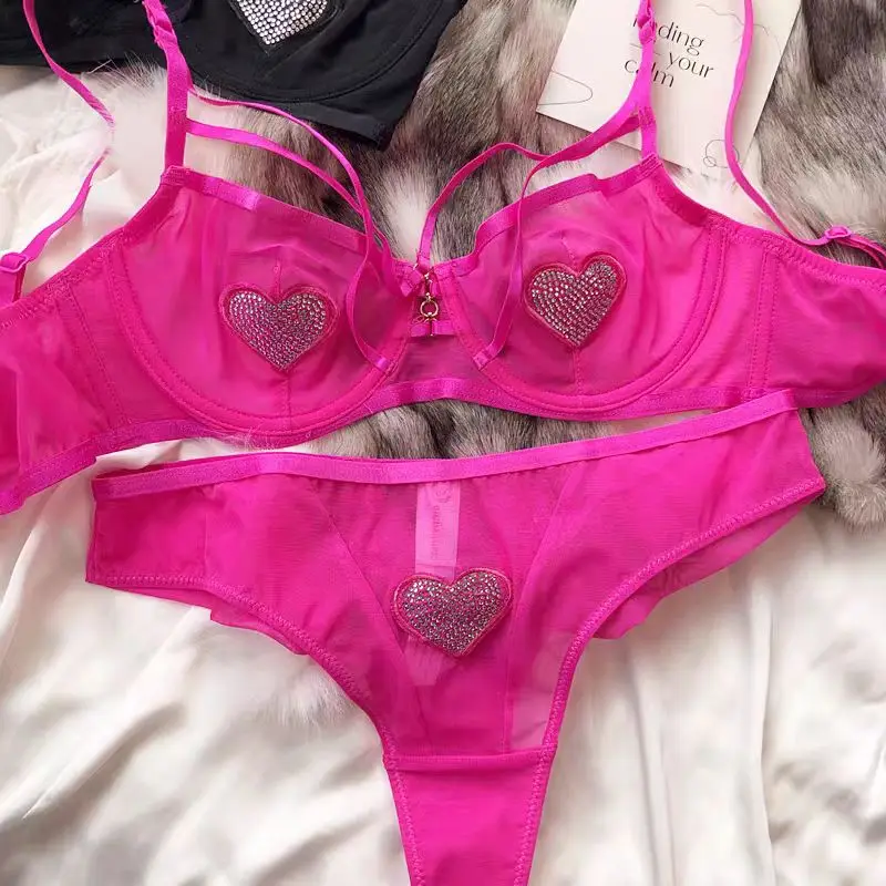 الفرنسية مثير الدانتيل بقماش شفاف نقية Derise الصدرية مجموعة على شكل قلب فلاش الماس رقيقة جدا كبيرة الصدر التخسيس الملابس الداخلية #4