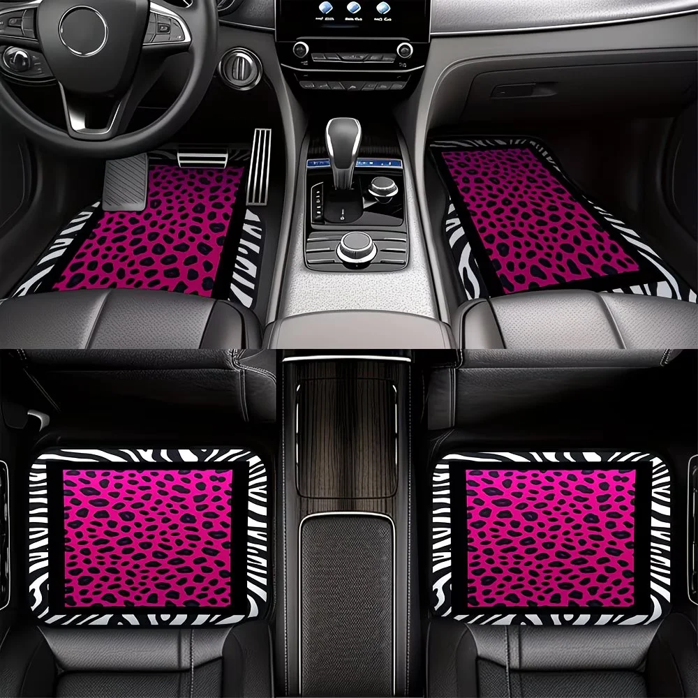 Ensemble de 4 tapis de sol de voiture, motif léopard et zèbre rose, compatibles avec les berlines ou les SUV, offrant des avantages pratiques pour le nettoyage et une excellente option cadeau pour les propriétaires de voitures, également adaptés à la conduite quotidienne et comme accessoires de voiture amusants.