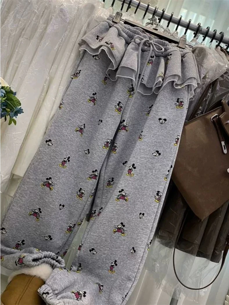 Calças Casuais Plus Size Coreanas com Estampa de Desenho Animado de Bailarina, Renda, Caimento Solto, Estilo Harlan para Mulheres Robustas, Confortáveis e com Efeito Emagrecedor