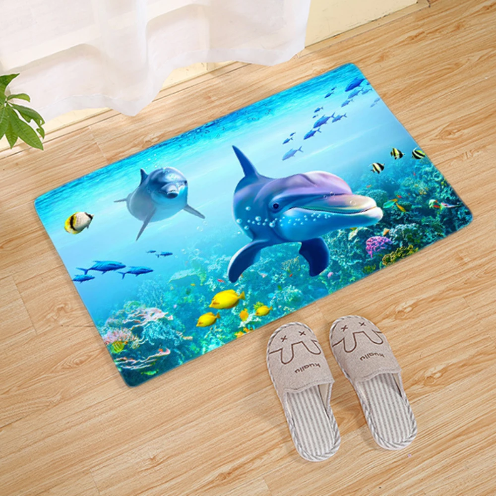 Playful Ocean Theme Doormat Non Slip Washable Entrance Mat with Starfish Shark Motif for Kitchen Home Floor Decor Carpet