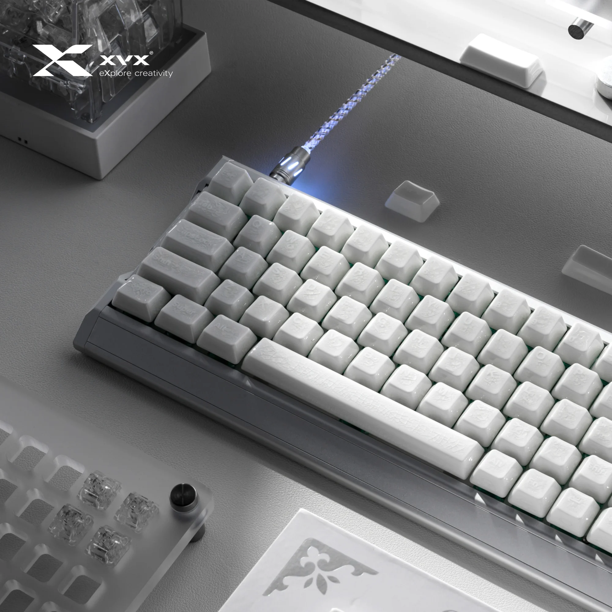 XVX Ice Crack Texture Design White Ceramic Keycaps Cherry Profile 120-Key Keycap Set