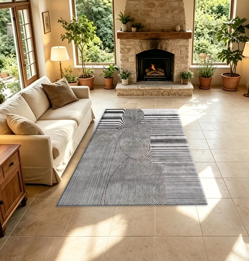 Mid‑Century Line Art Arch Carpet Rug Grey Black Concentric Curved Stripe Abstract Household Area Rug For Home Decoration