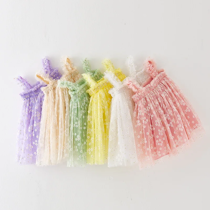 

Casual Golden Flowers Girls Suspender Dress 2023 Summer Sweet Baby Birthday Dress Children's Pastoral Photo Mesh Princess Dress