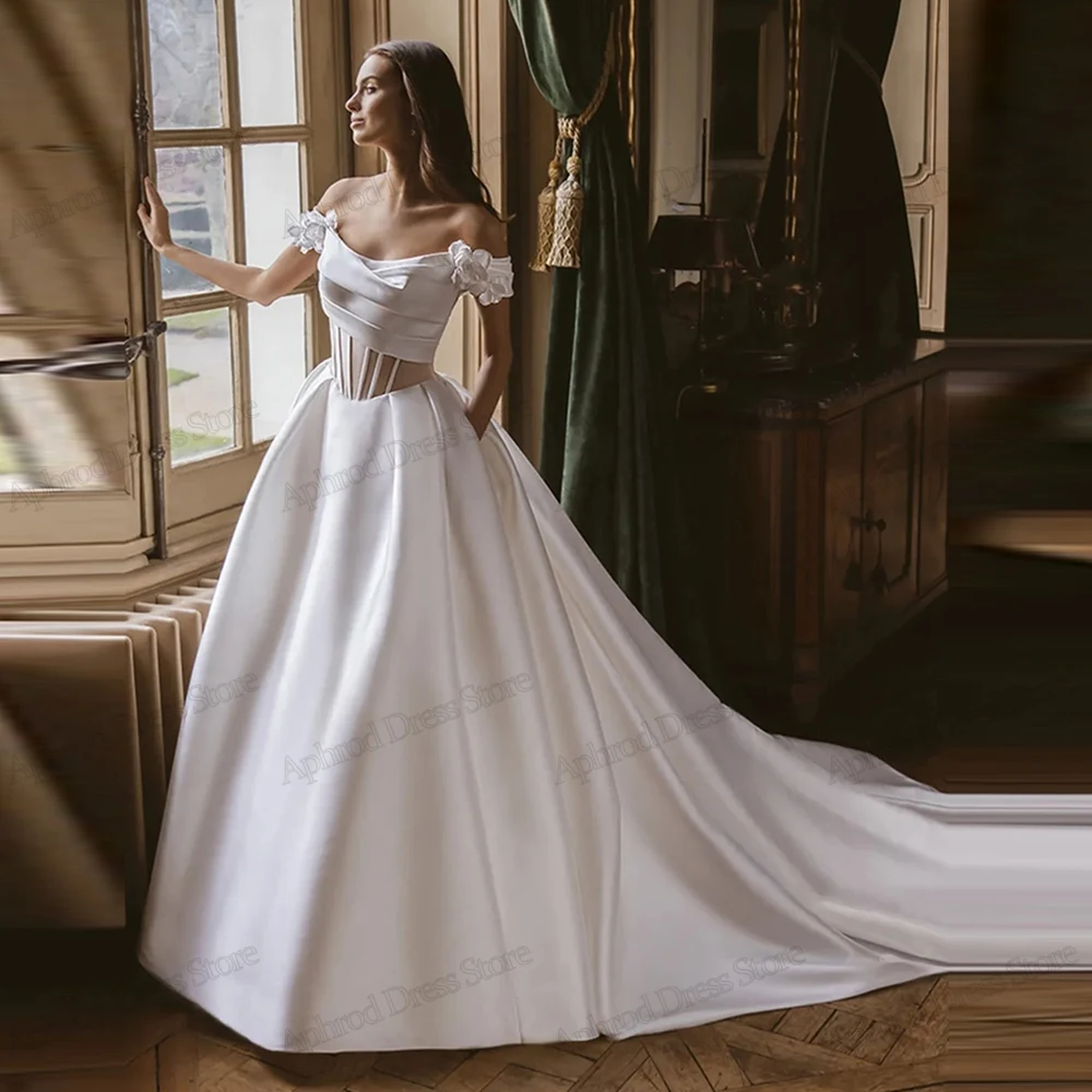 Graciosos vestidos de casamento cetim vestidos de noiva fora do ombro roupões até o chão simples sem costas vestidos de novia personalizado