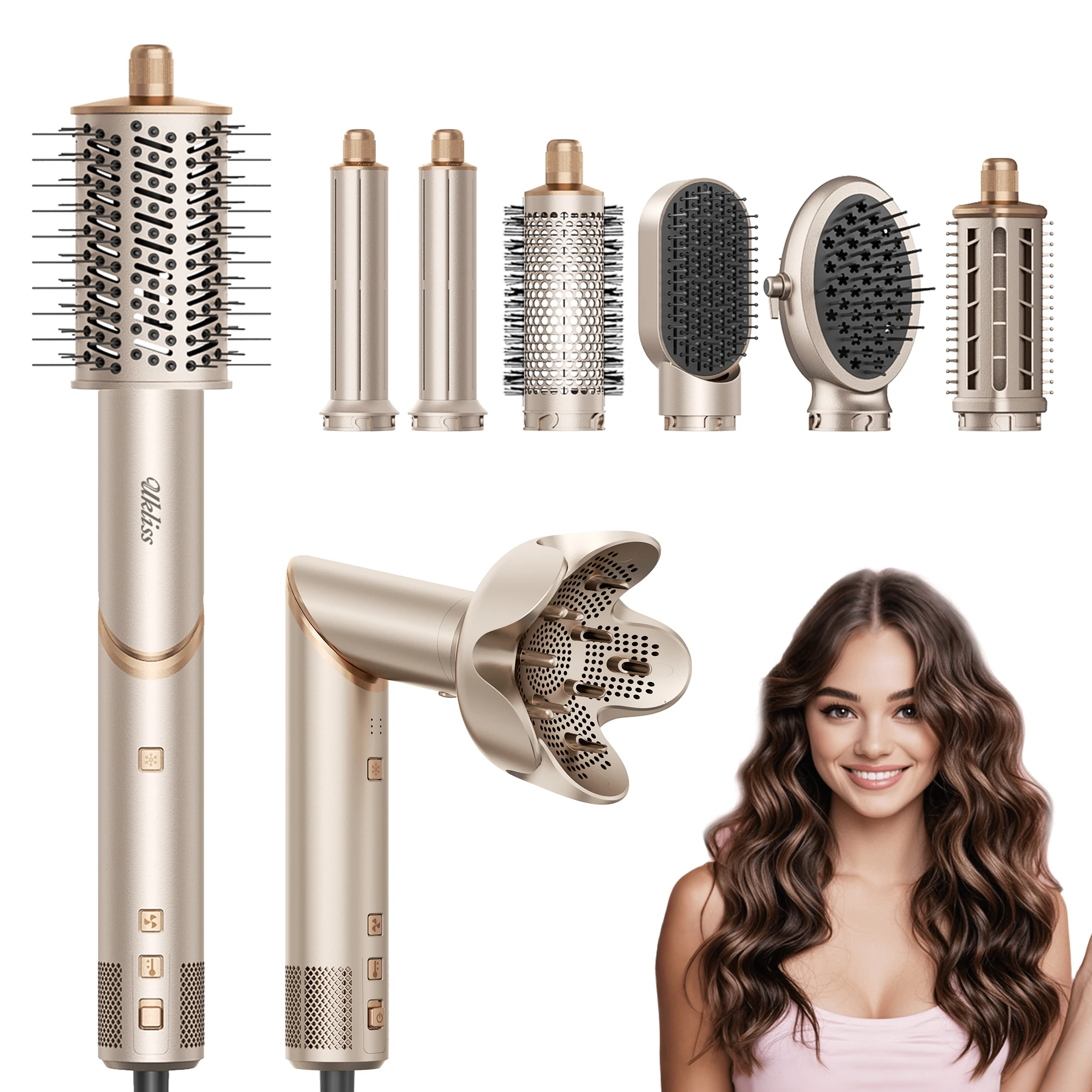 UKLISS 643 Champagne Color 8-in-1 Hot Air Styler Set, Detachable Multi Functional Hair Styling Tool, Hair Dryer, Curling Wand, Straightening Brush & Flat Iron All in One, Foldable Rotatable Auto Curler for Quick Drying, Smooth Voluminous Hairstyles