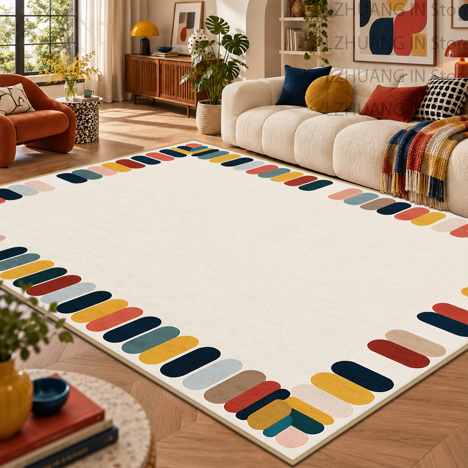 Mid Century Modern Colorful Border Soft Plush Bedroom Carpet Pop Art Floor Mat for Home Decor Non-slip Washable Living Room Rug